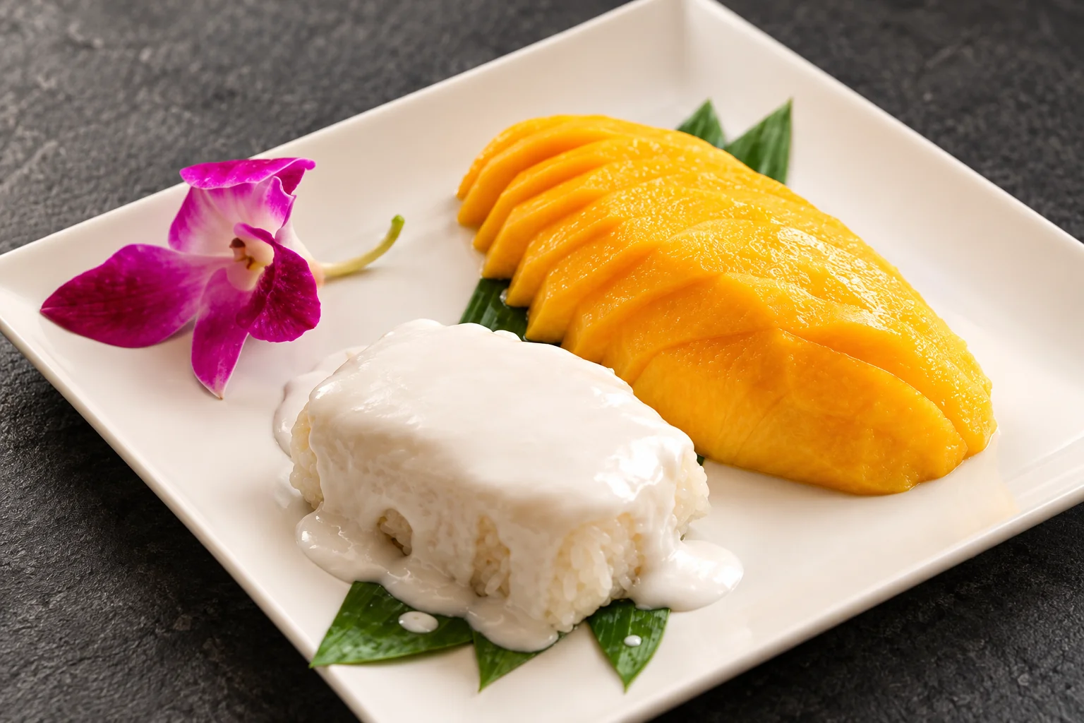 Riz gluant lait de coco et sa mangue dans une assiette blanche sur un fond gris