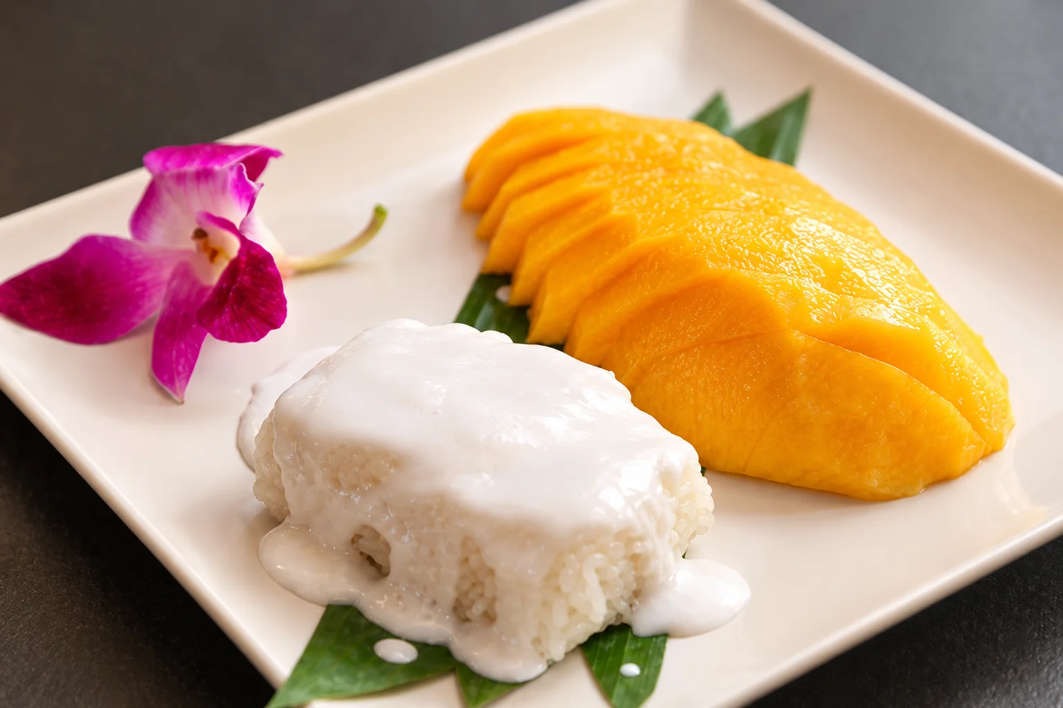 Riz gluant et mangue dans une assiette blanche