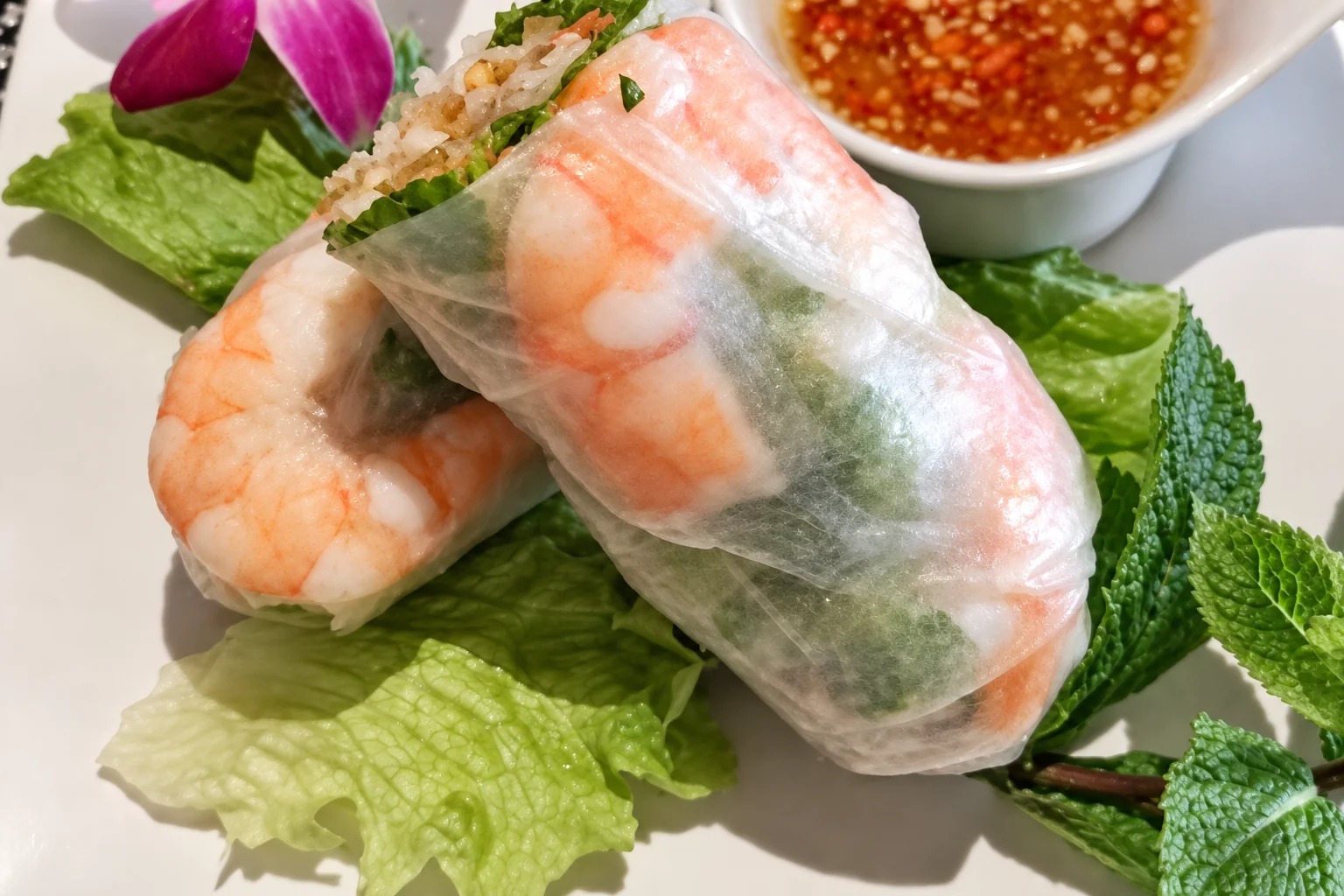 Rouleaux de printemps dans une assiette blanche